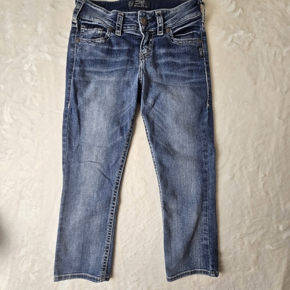 Silver Suki Jeans Midi Capri 27 Women’s L 22.5” Skinny Medium Blue Wash